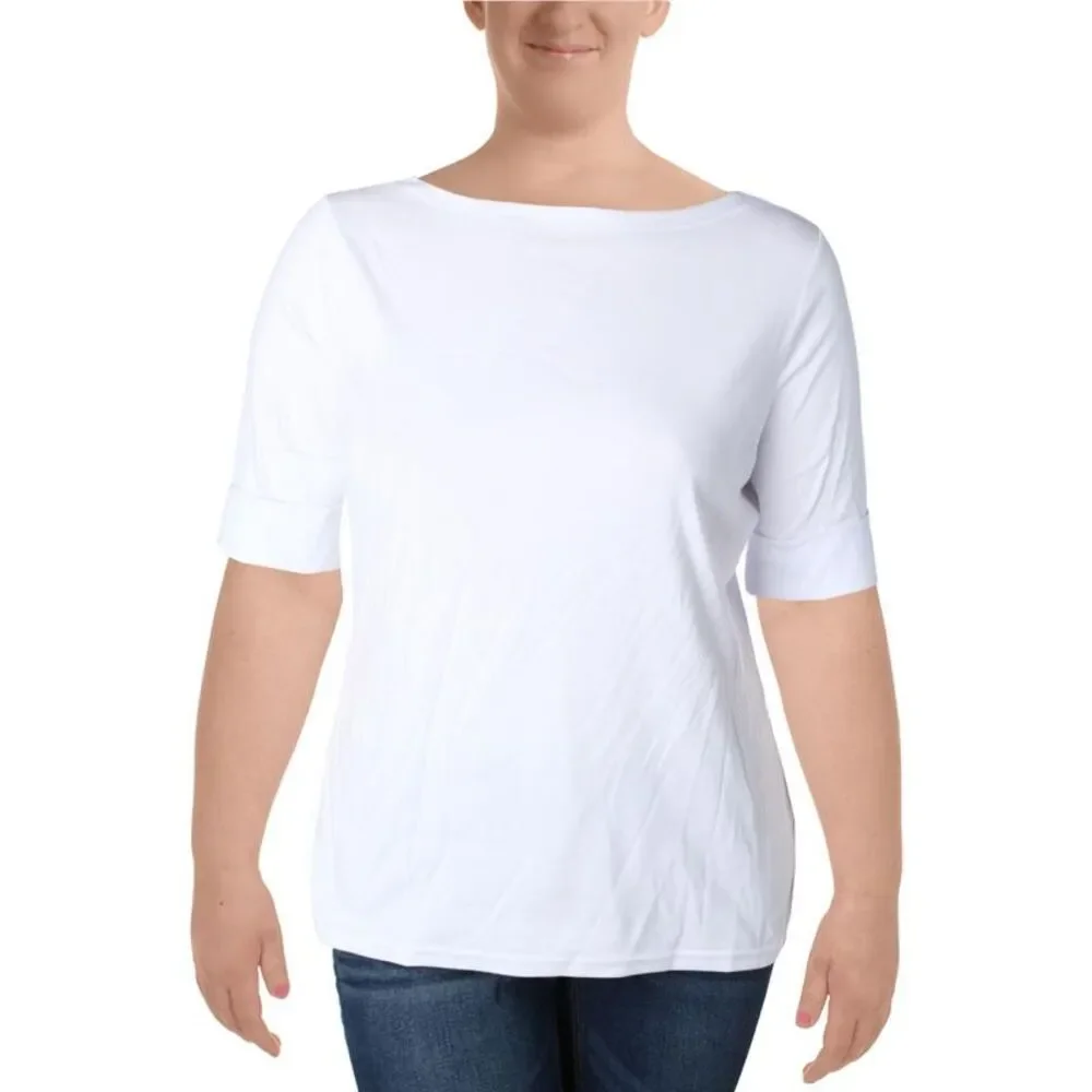 Lauren Ralph Lauren Womens White Cuffed Sleeve Boat Neck Casual Top Plus NWOT
